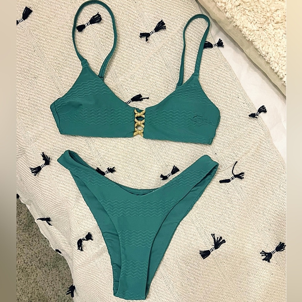 Aerie Sage Green Jacquard Bikini with Gold Lattice Center
